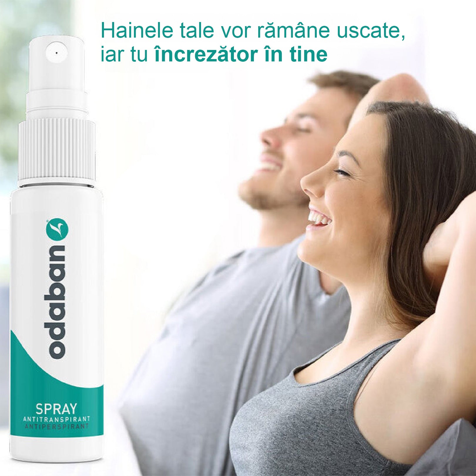 Un cuplu tânăr, cu axilele uscate și un flacon de Odaban Antiperspirant